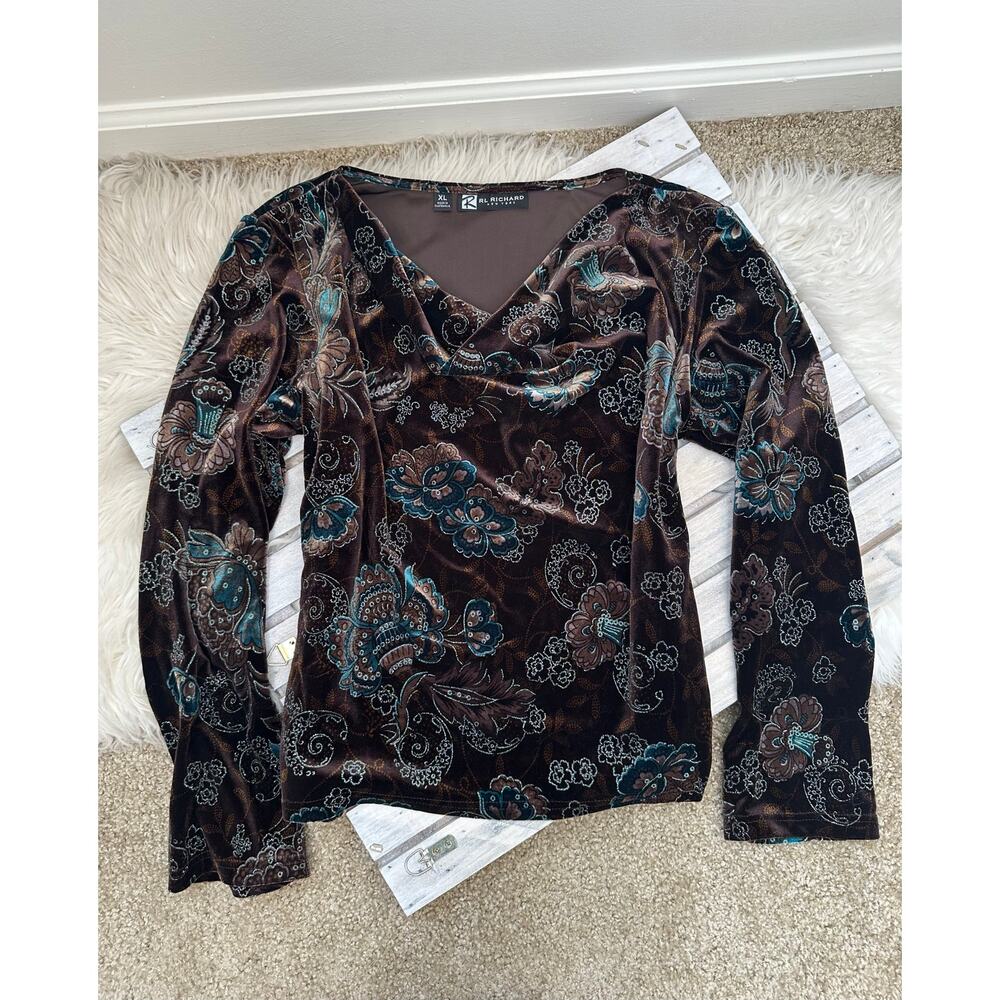Vintage Y2K 90s RL Richard Fairy Brown Blue Glitter Velvet Floral Shirt Top